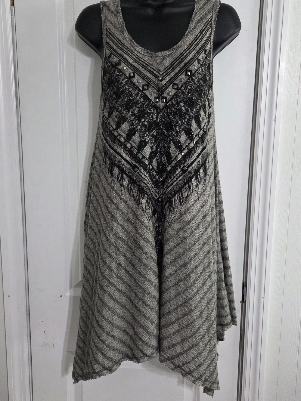 Vocal Black and Taupe Sleeveless Asymmetrical Embroidered Tunic Dress